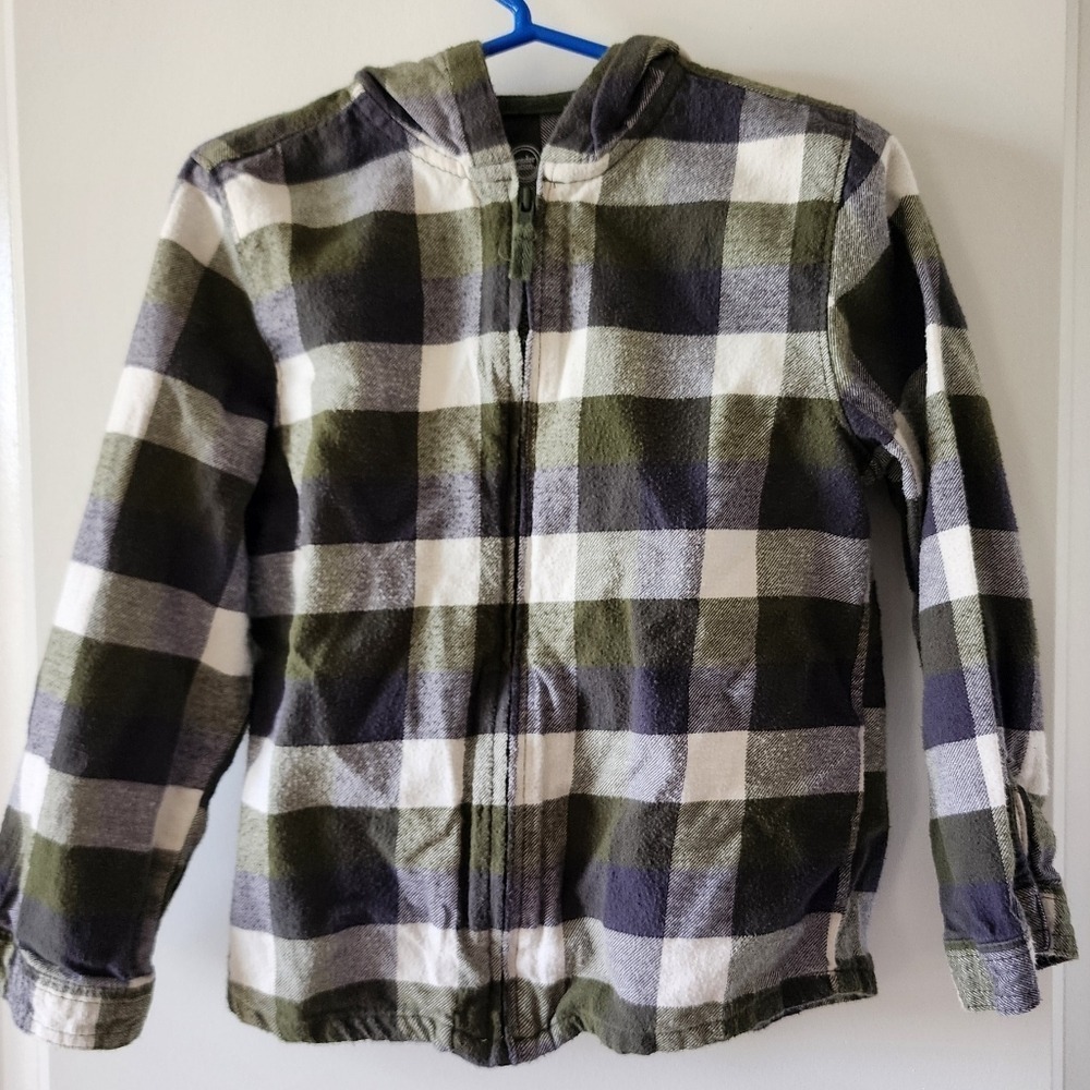 Kids 5T Plaid‎ Hooded Flannel Shirt Zip Up Jacket Olive Green Spring Summer Fal